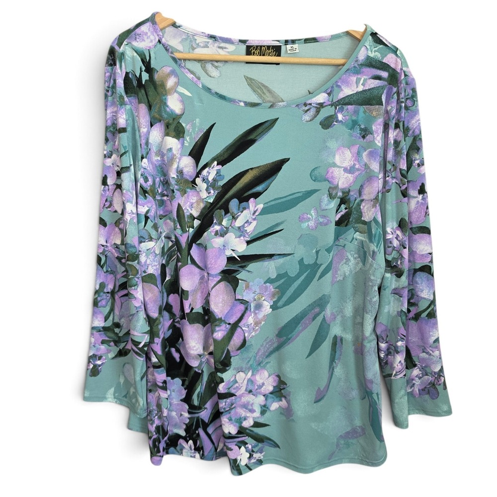 Bob Mackie Wearable Art Top Womens XL Teal Floral Orchid 3/4 Sleeve Knit Blouse